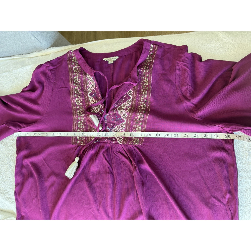 Frye And Co Top 3/4 Bell Sleeve Split Tie Neck Yoke Detail Burgundy Boho Sz-XXL - Picture 7 of 10
